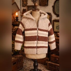 Vintage Kids Cowichan Style Sweater | Shetland Wool | Hand-Sewn Zipper | Hooded